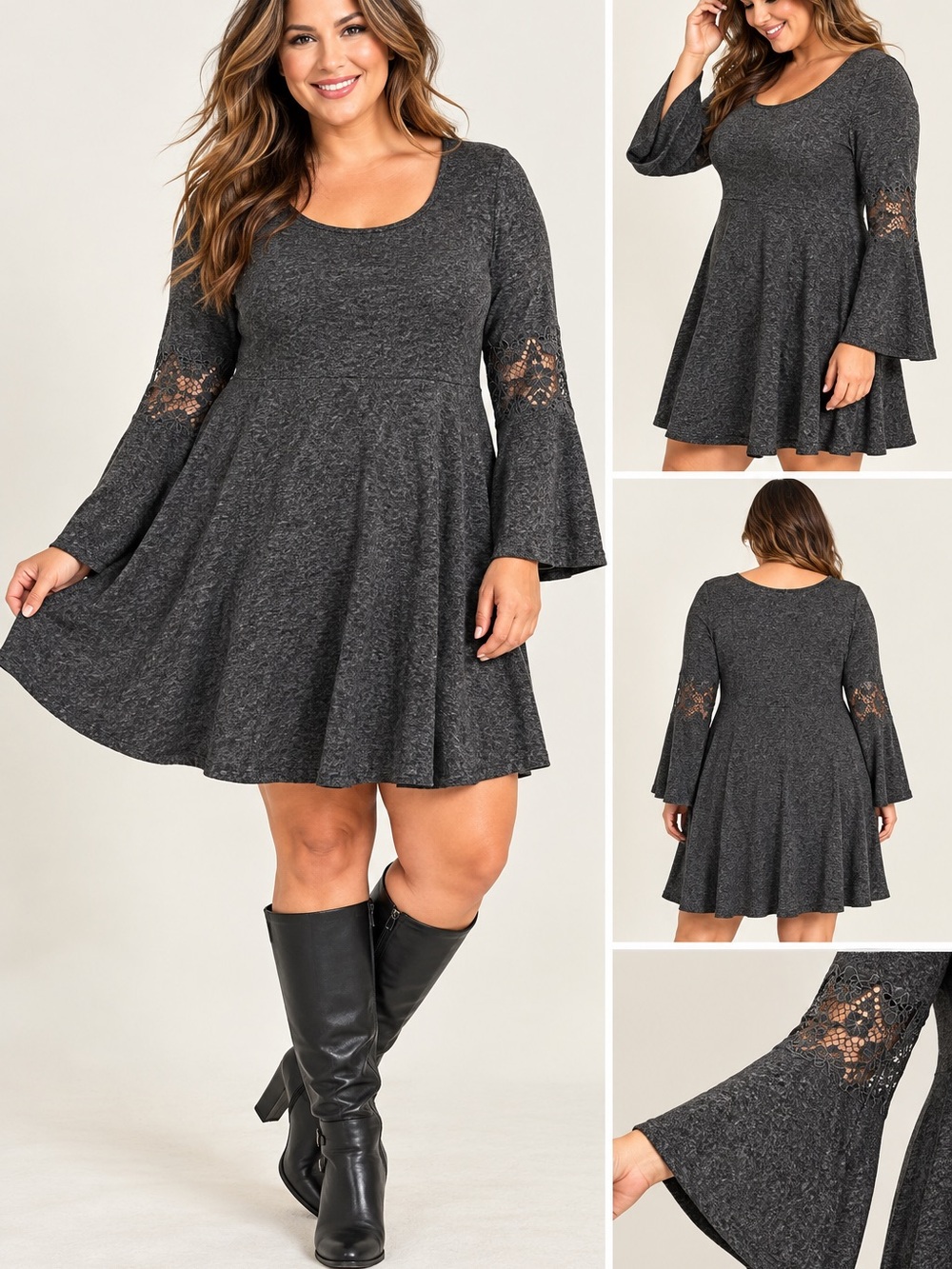 Torrid Size 1 Charcoal Gray Knit Swing Dress with Lace Sleeve Detail